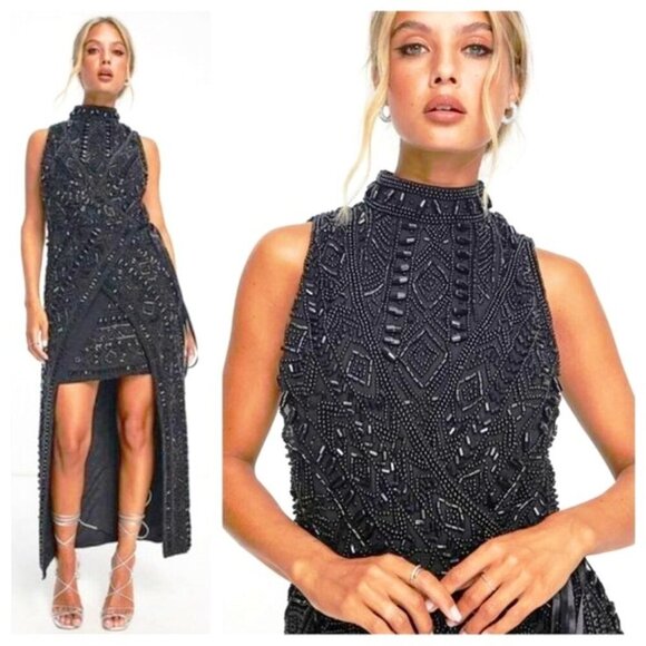 New ASOS Design Black Beaded High-Low Gown Mock-neck Sleeveless 10 MSRP $300 - Picture 1 of 9